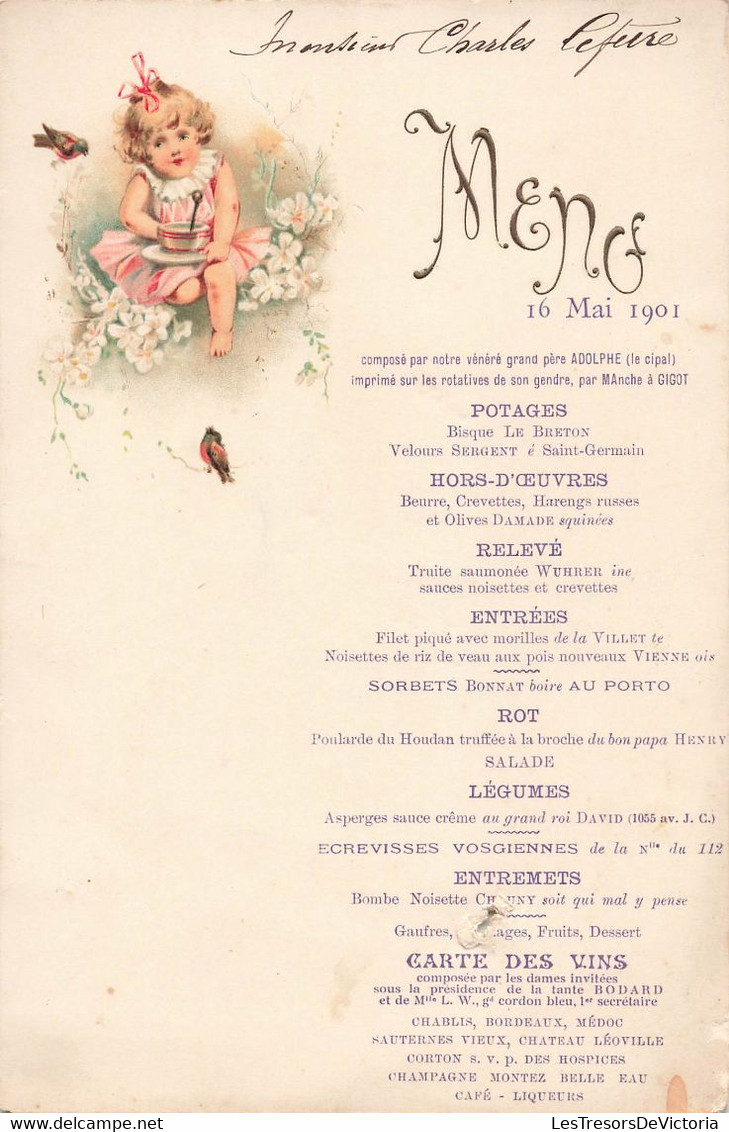 Menu  - 16 Mai 1901 - Lieu Et Occasion Inconnus - 12x18cm - Menú