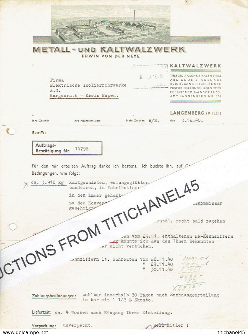 Brief 1940- LANGENBERG - METALL - UND KALTWALZWERK - Otros & Sin Clasificación