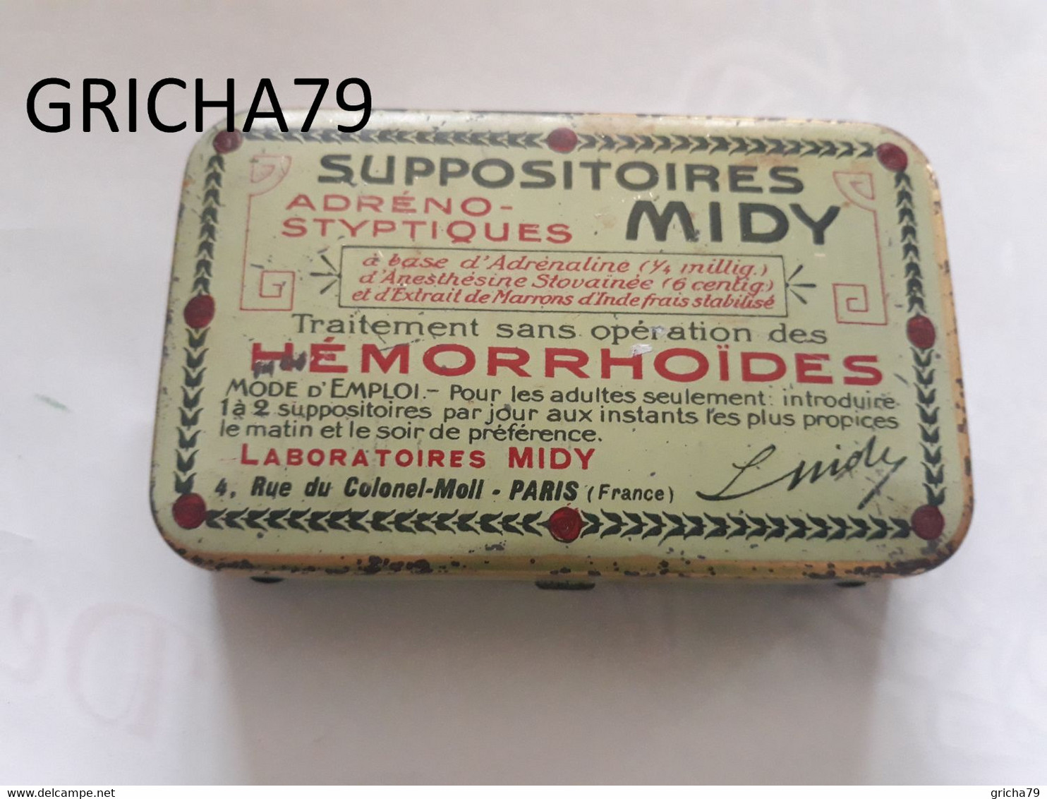MEDECINE - BOITE METALLIQUE - SUPPOSITOIRES MIDY TRAITEMENT DES HEMORROIDES - LABORATOIRES MIDY PARIS - Medical & Dental Equipment
