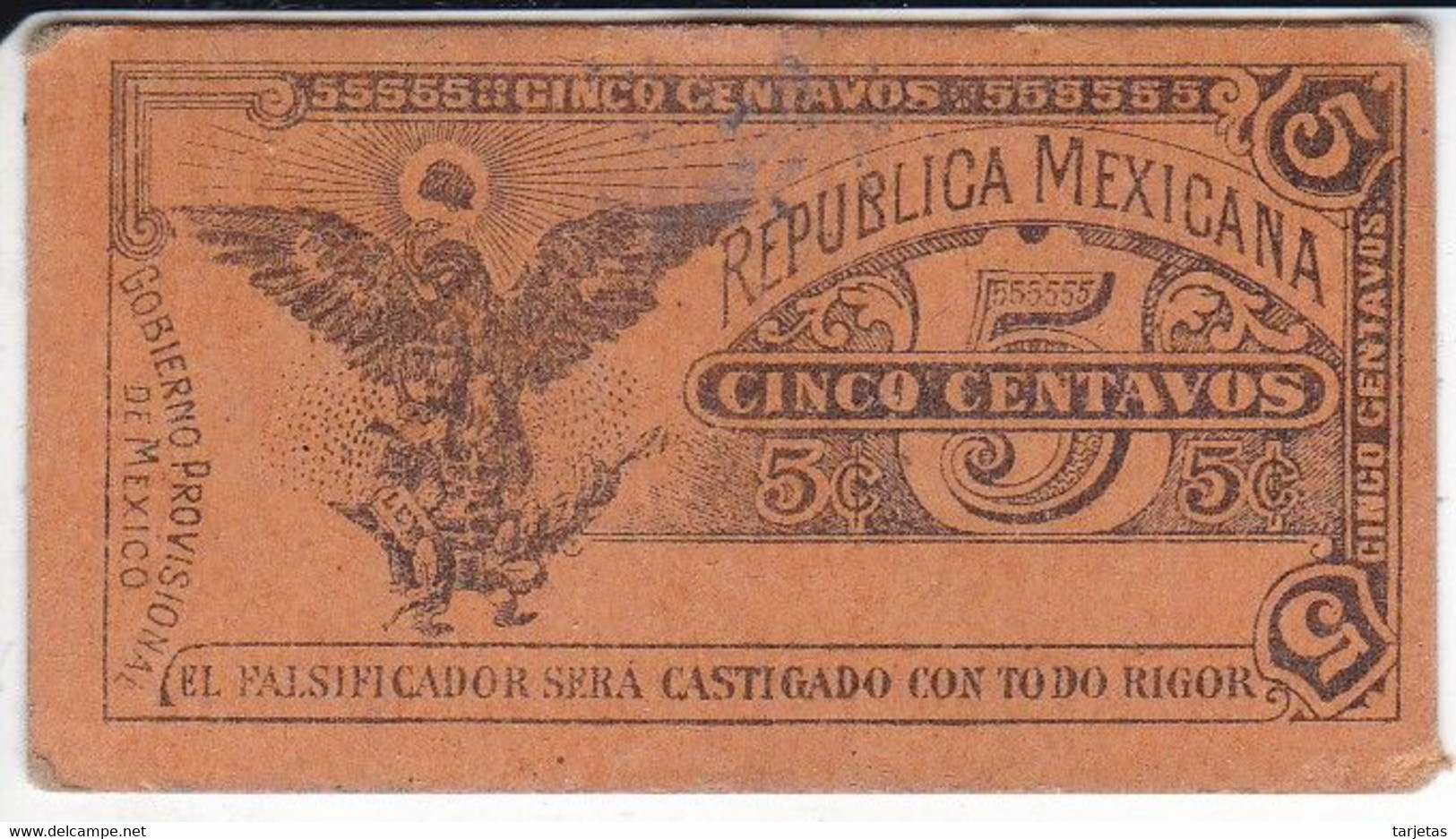BILLETE DE MEXICO DE 5 CENTAVOS DEL AÑO 1914 TRANSITORIO (BANKNOTE) - Mexico