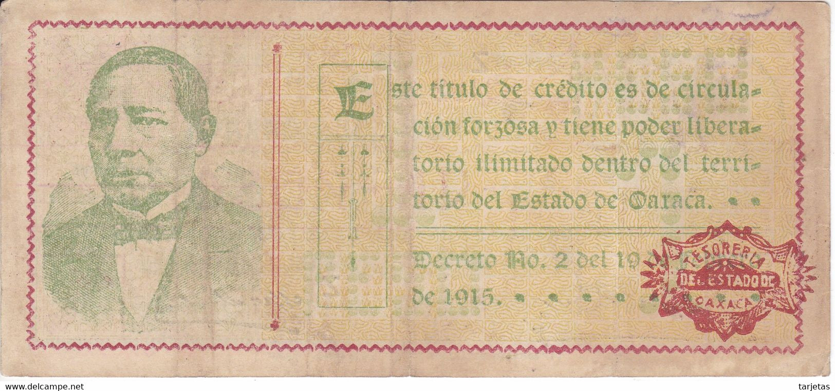 BILLETE DE MEXICO DE 1 PESO DEL ESTADO DE OAXACA DEL 24 DE FEBRERO DE 1915   (BANKNOTE) RARO - Mexico