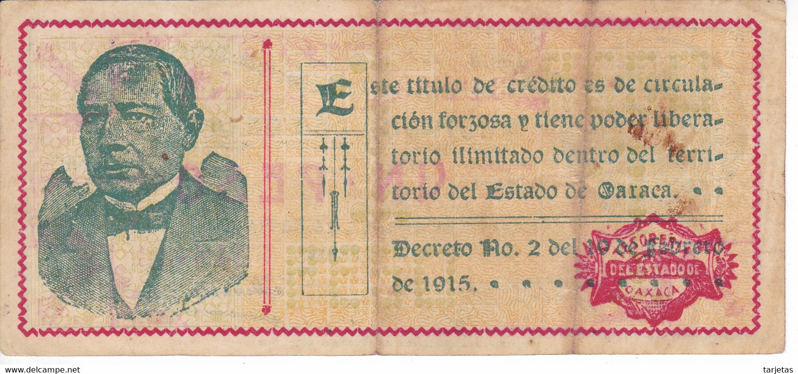 BILLETE DE MEXICO DE 1 PESO DEL ESTADO DE OAXACA DEL 24 DE MAYO DE 1915   (BANKNOTE) RARO - Mexico