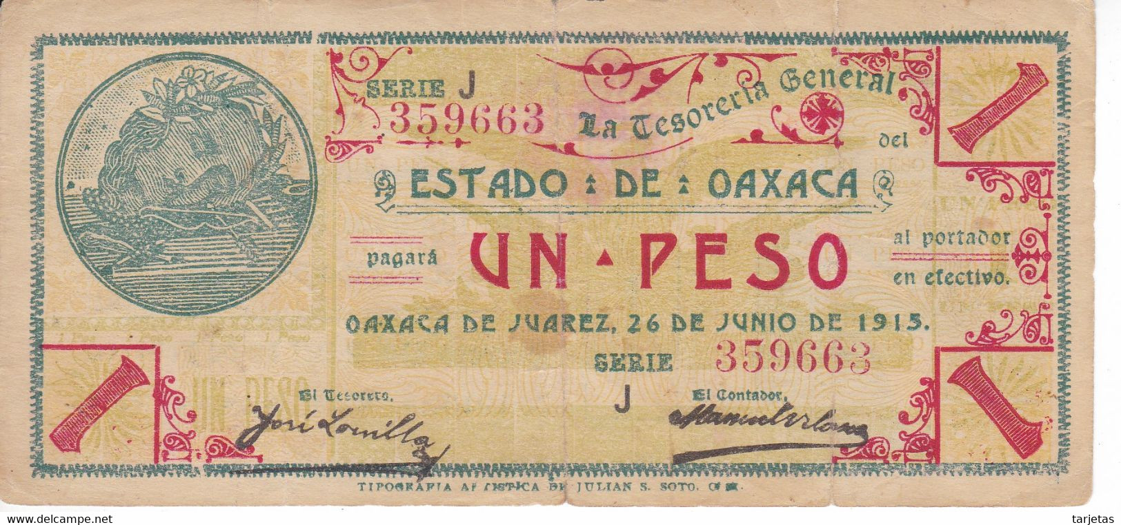 BILLETE DE MEXICO DE 1 PESO DEL ESTADO DE OAXACA DEL 24 DE JUNIO DE 1915   (BANKNOTE) RARO - Mexico