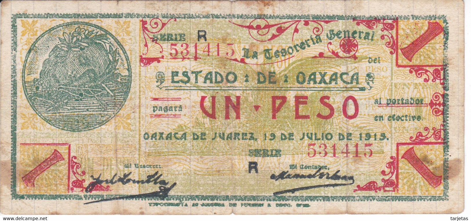 BILLETE DE MEXICO DE 1 PESO DEL ESTADO DE OAXACA DEL 19 DE JULIO DE 1915   (BANKNOTE) RARO - Mexico