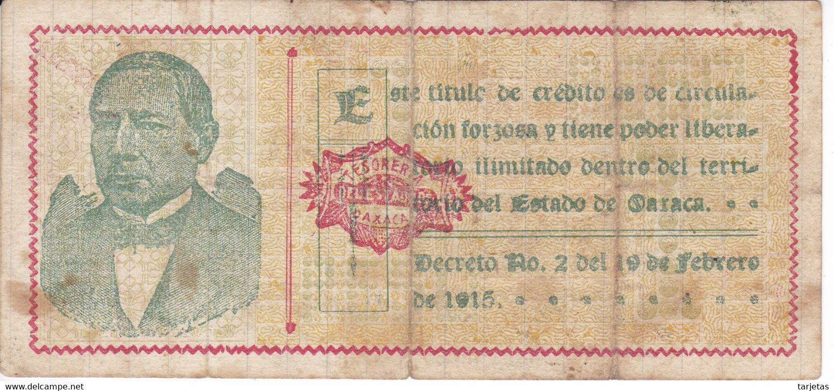 BILLETE DE MEXICO DE 1 PESO DEL ESTADO DE OAXACA DEL 19 DE JULIO DE 1915   (BANKNOTE) RARO - Mexico