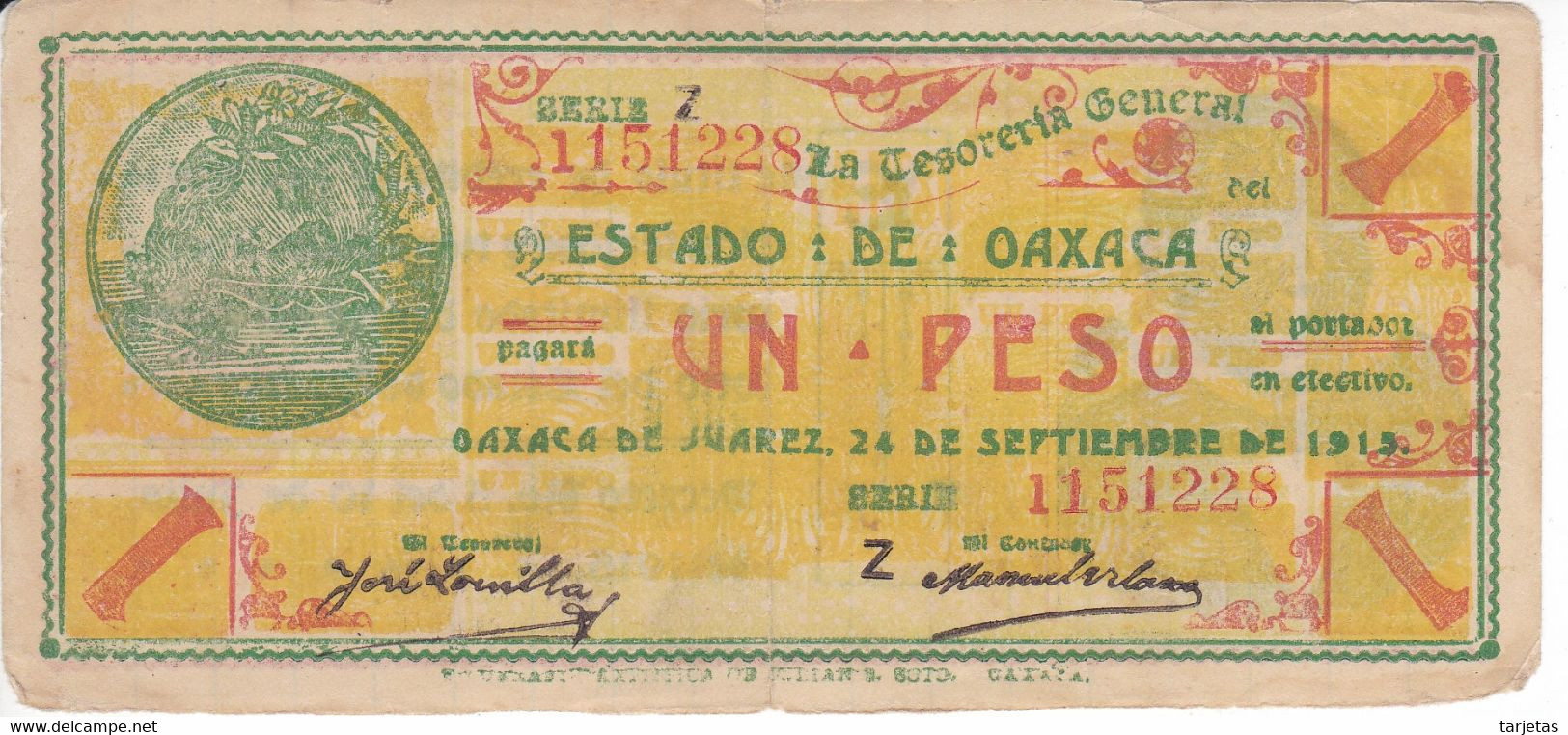 BILLETE DE MEXICO DE 1 PESO DEL ESTADO DE OAXACA DEL 24 DE SEPTIEMBRE DE 1915   (BANKNOTE) RARO - Mexico