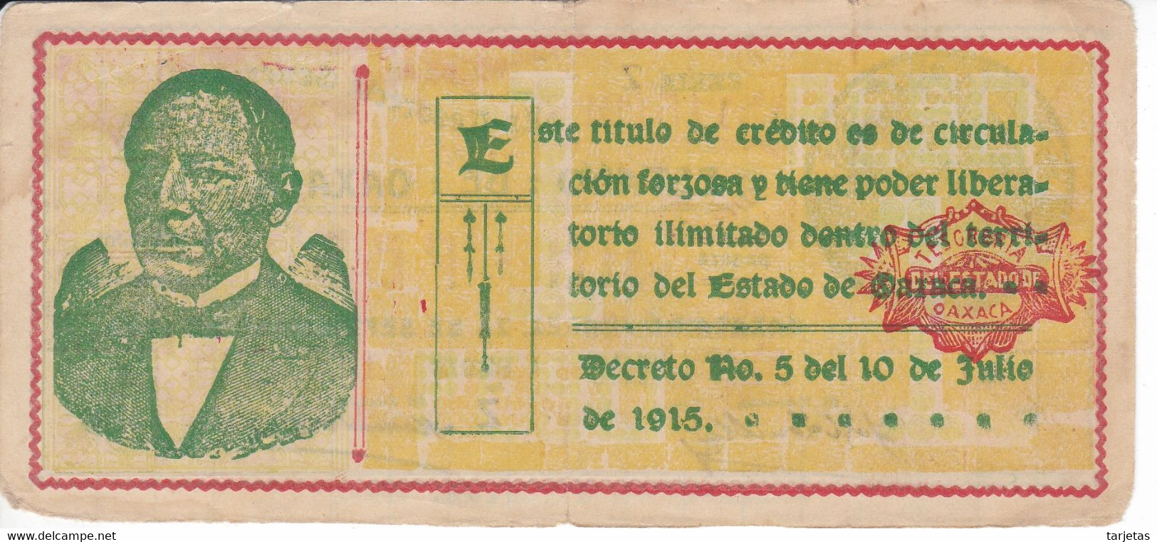 BILLETE DE MEXICO DE 1 PESO DEL ESTADO DE OAXACA DEL 24 DE SEPTIEMBRE DE 1915   (BANKNOTE) RARO - Mexico