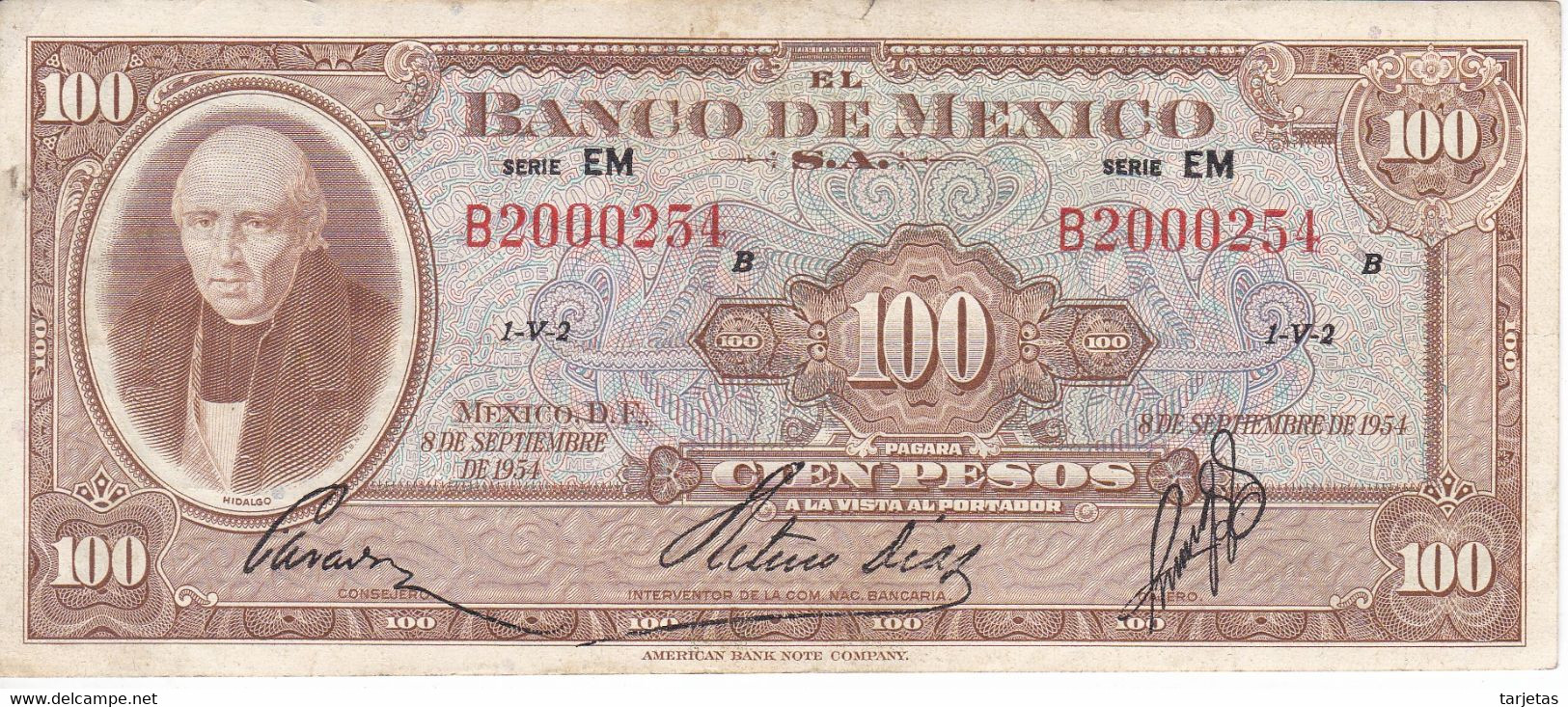 BILLETE DE MEXICO DE 100 PESOS DEL 8 DE SEPTIEMBRE DE 1954   (BANKNOTE) - Mexico