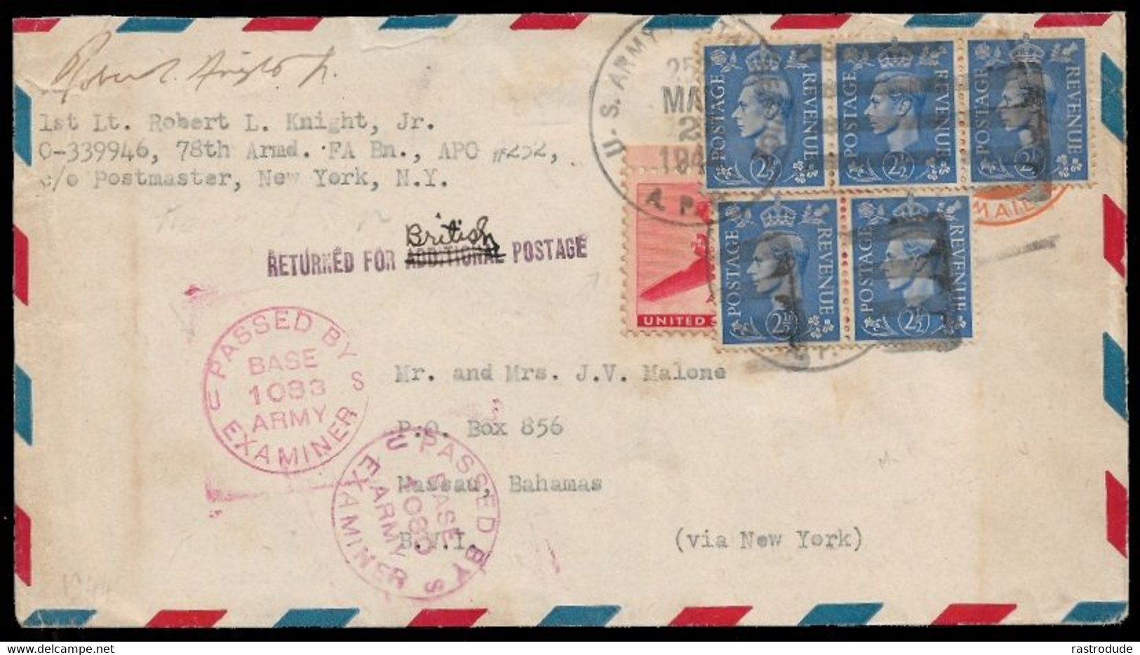 1944 U.S ARMY POSTAL SERVICE - MIXED FRANKING W. GB To BAHAMAS - US A.P.O 252 - Brieven En Documenten