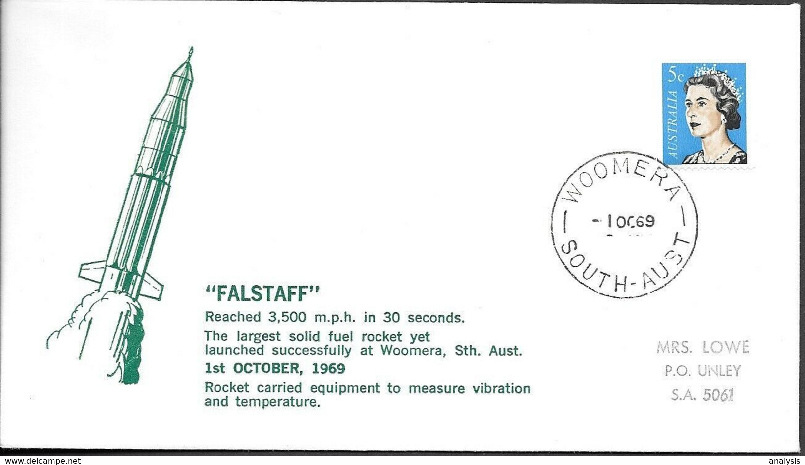 Australia Space Cover 1969. Solid Fuel Rocket "Falstaff" Launch. Woomera - Ozeanien