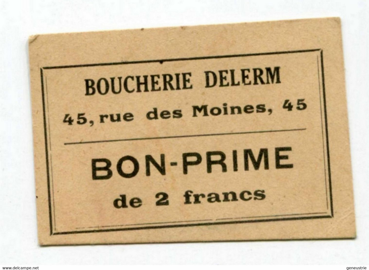 Jeton-carton De Nécessité "Boucherie Delerm / Bon-Prime De 2 Francs" Situé à Paris - Emergency Token - Monétaires / De Nécessité