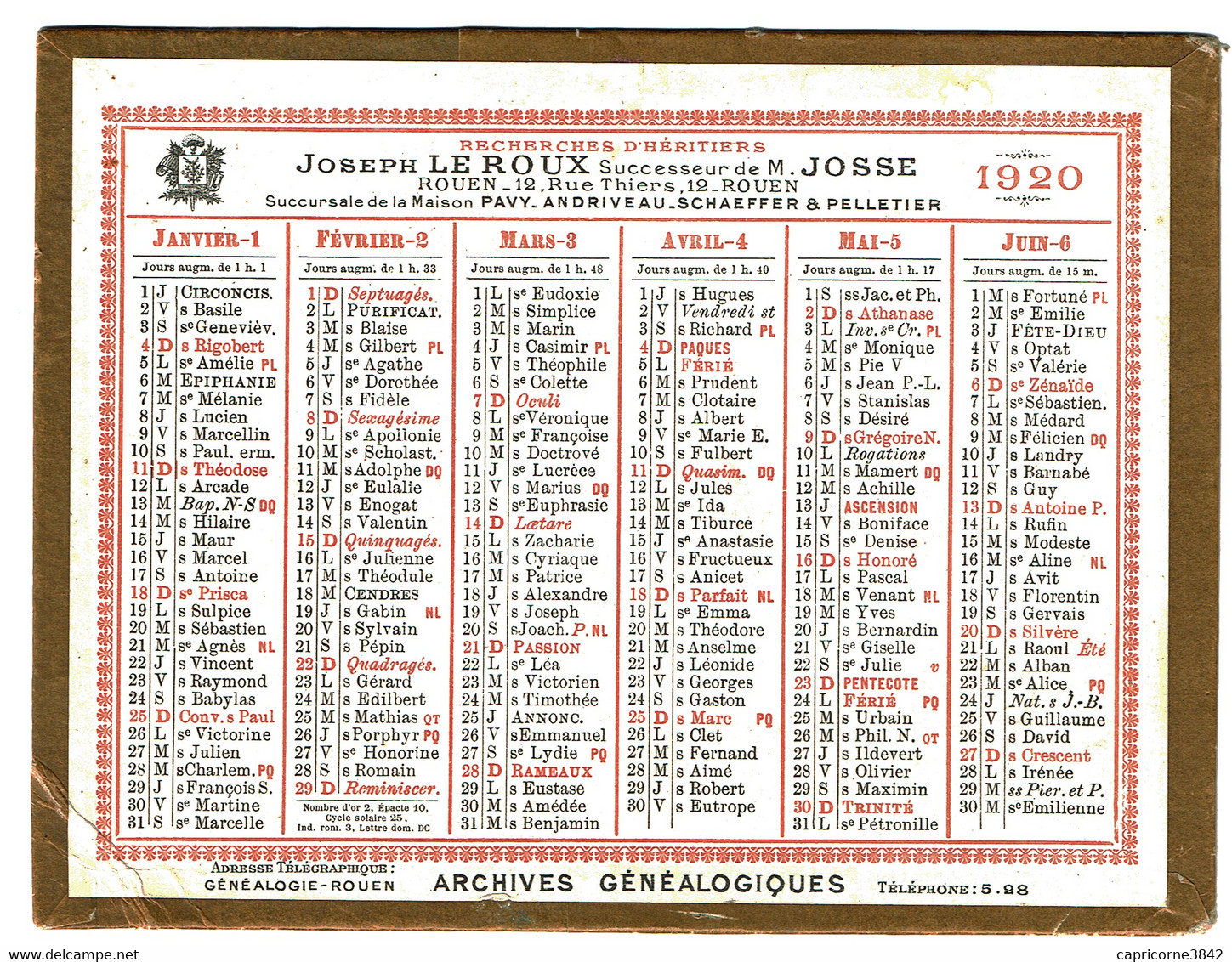 1920 - Mini Calendrier Offert Par Le CABINET DE RECHERCHES D'HERITIERS Joseph LEROUX De Rouen (pli Angle Bas Gauche) - Small : 1901-20