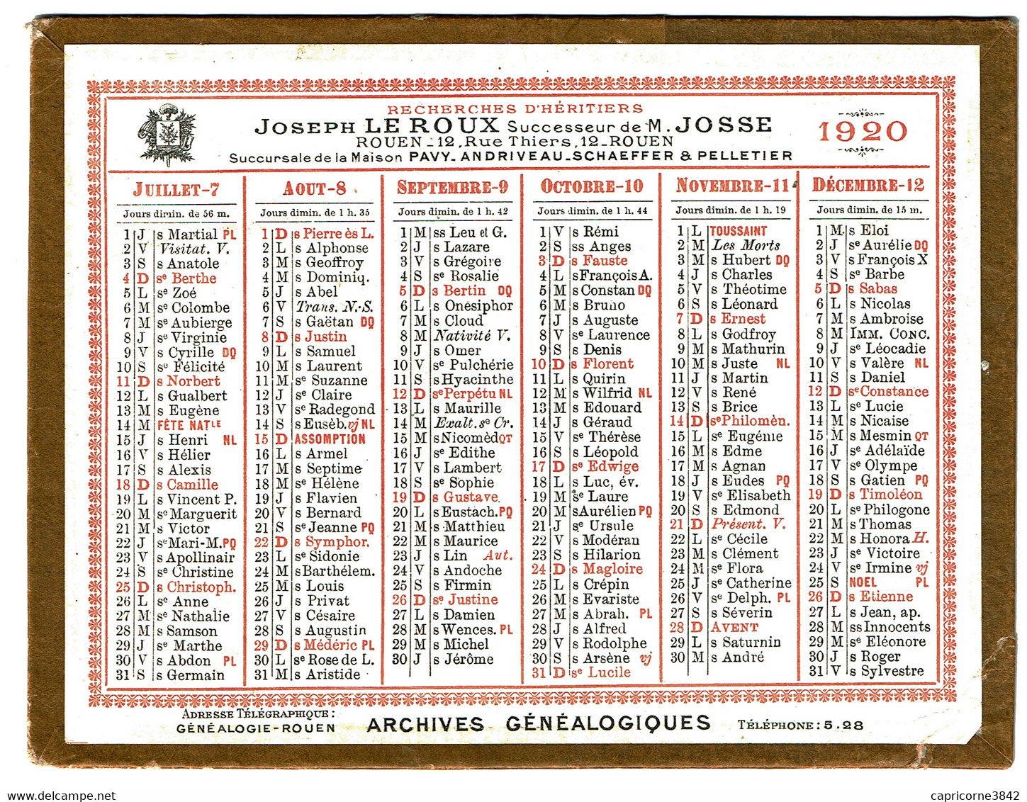 1920 - Mini Calendrier Offert Par Le CABINET DE RECHERCHES D'HERITIERS Joseph LEROUX De Rouen (pli Angle Bas Gauche) - Formato Piccolo : 1901-20