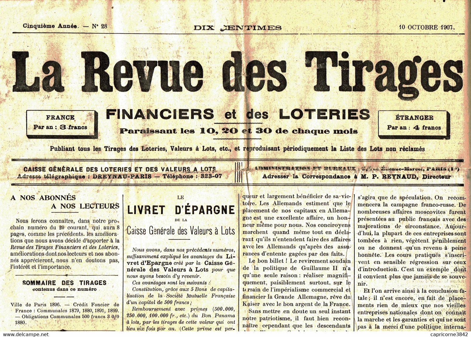 1907 - Journal "LA REVUE DES TIRAGES" Financiers Et Des Loteries - Publiant Tous Les Tirages Des Loteries, Valeurs .. - Informaciones Generales