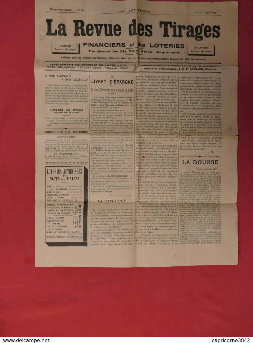 1907 - Journal "LA REVUE DES TIRAGES" Financiers Et Des Loteries - Publiant Tous Les Tirages Des Loteries, Valeurs .. - Informations Générales