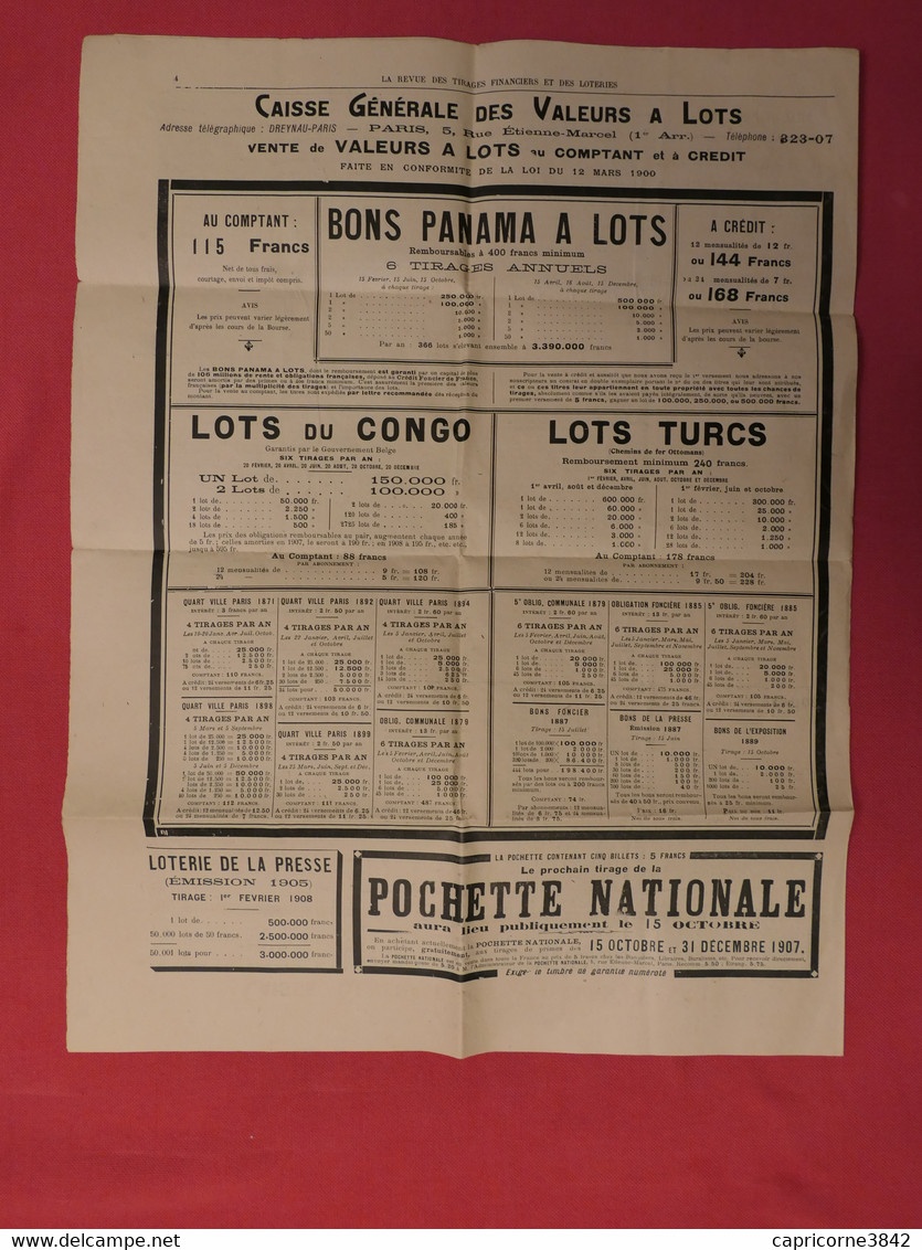 1907 - Journal "LA REVUE DES TIRAGES" Financiers Et Des Loteries - Publiant Tous Les Tirages Des Loteries, Valeurs .. - Informations Générales