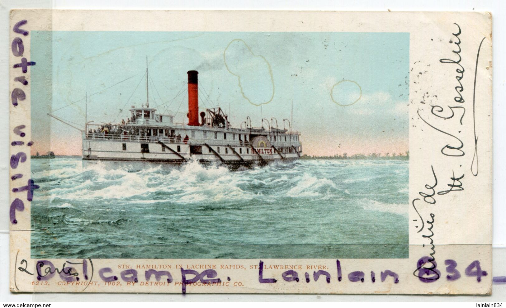 - ONTARIO - STR Hamilton Boat In Lachine Rapids, St Lawrece River, épaisse, Coins Ok, écrite, 1902, épaisse, TBE, Scans. - Other & Unclassified
