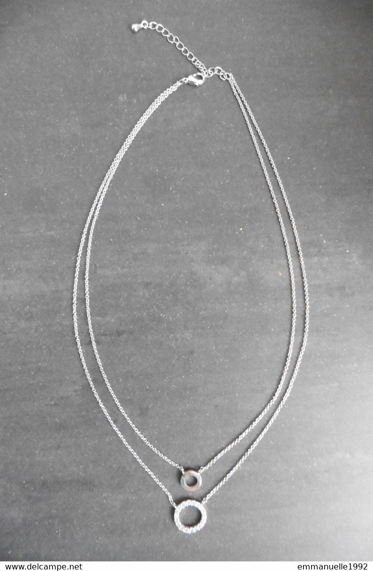 Neuf - Collier Chaîne Double Bijoutier Créateur Italien Ema Piazzi Argenté 2 Cercles En Pendentifs Imitation Diamants - Halsketten