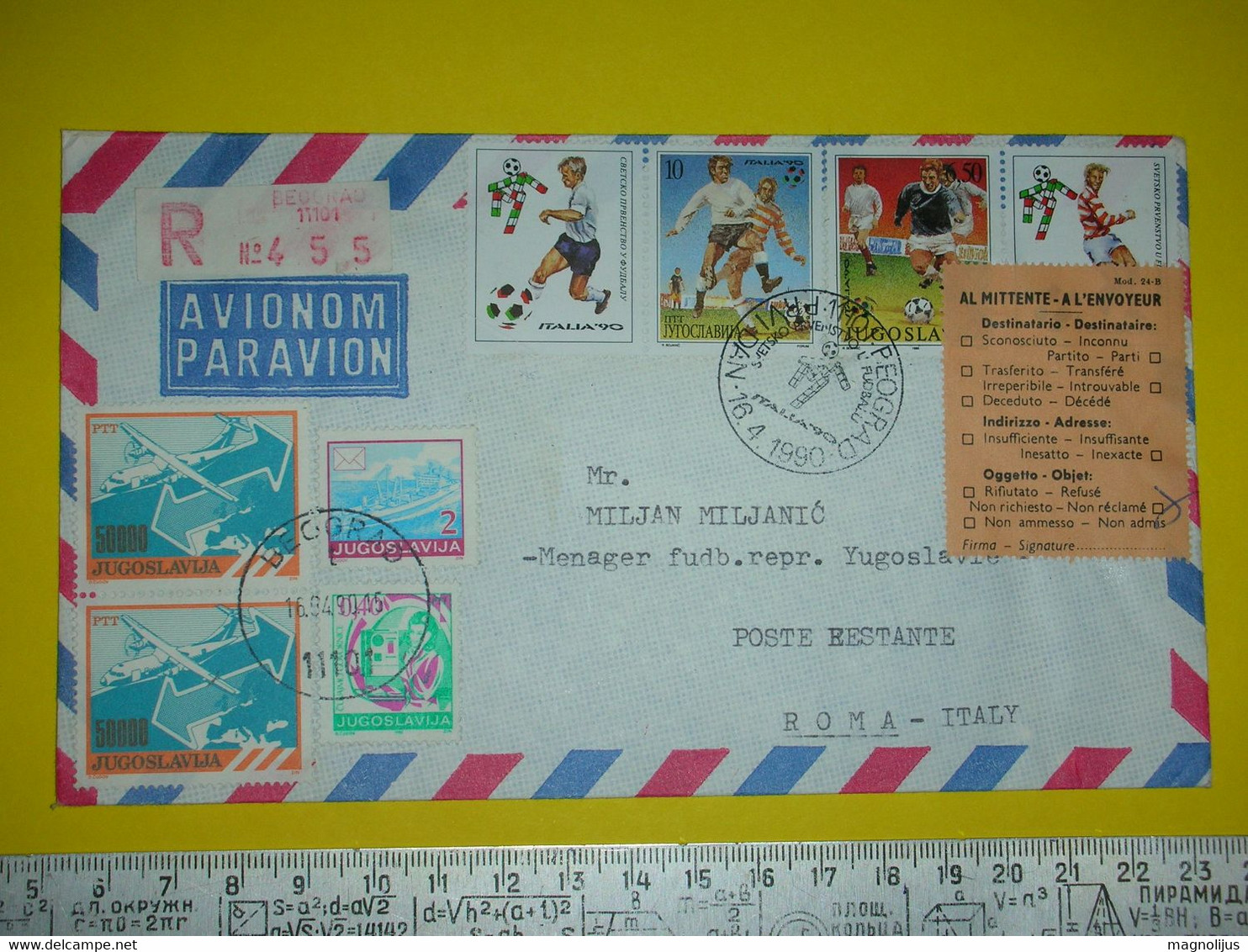 RRR,Yugoslavia Soccer Manager Miljan Miljanic Postal Cover,Italia 1990 Football Stamps,registered Air Mail Letter,rare - Poste Aérienne