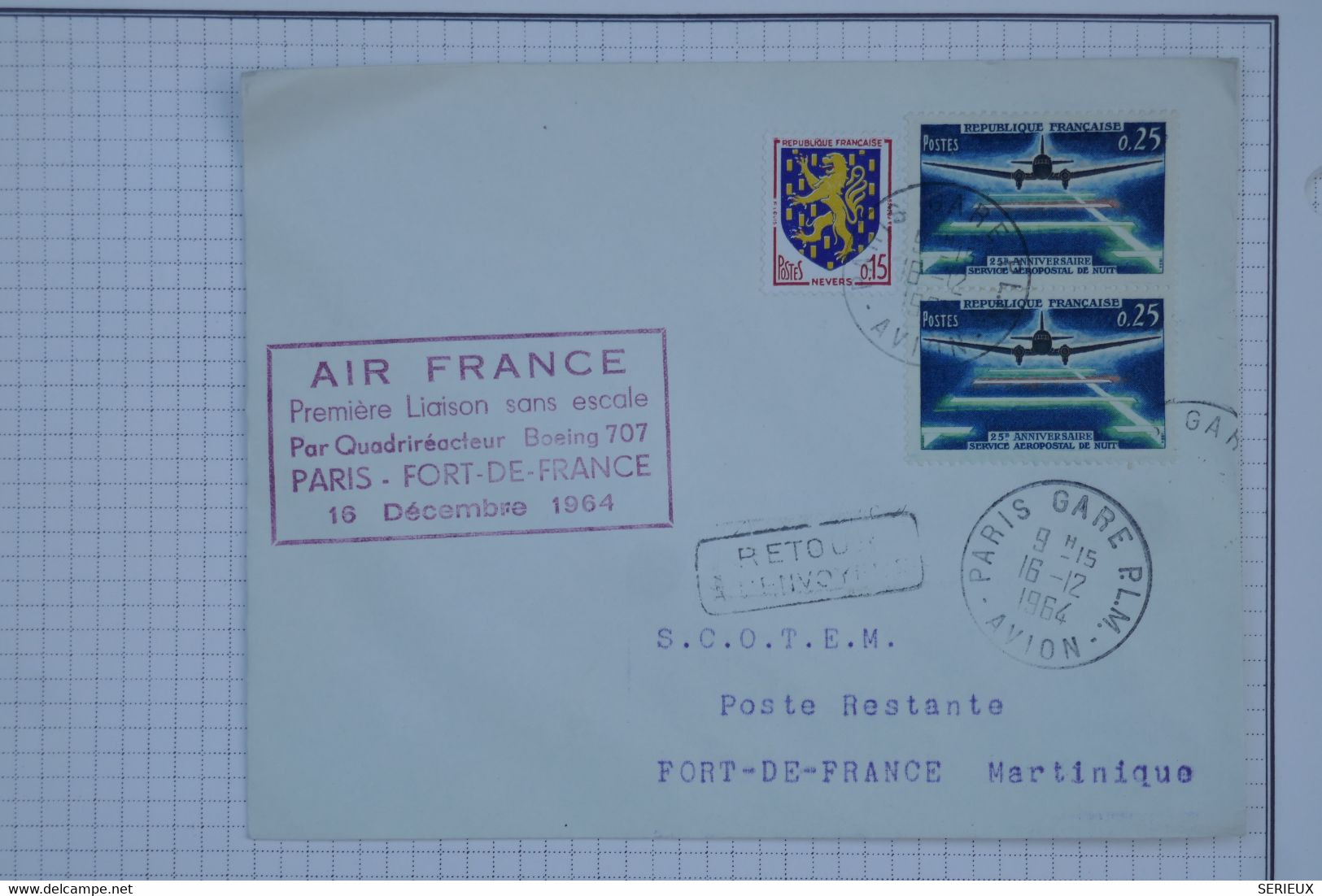 BB14 FRANCE BELLE LETTRE 1964 IER VOL AIR FRANCE  PARIS  FORT DE FRANCE++SCOTEM++PAIRE TP++AFFRANCH. PLAISANT - First Flight Covers