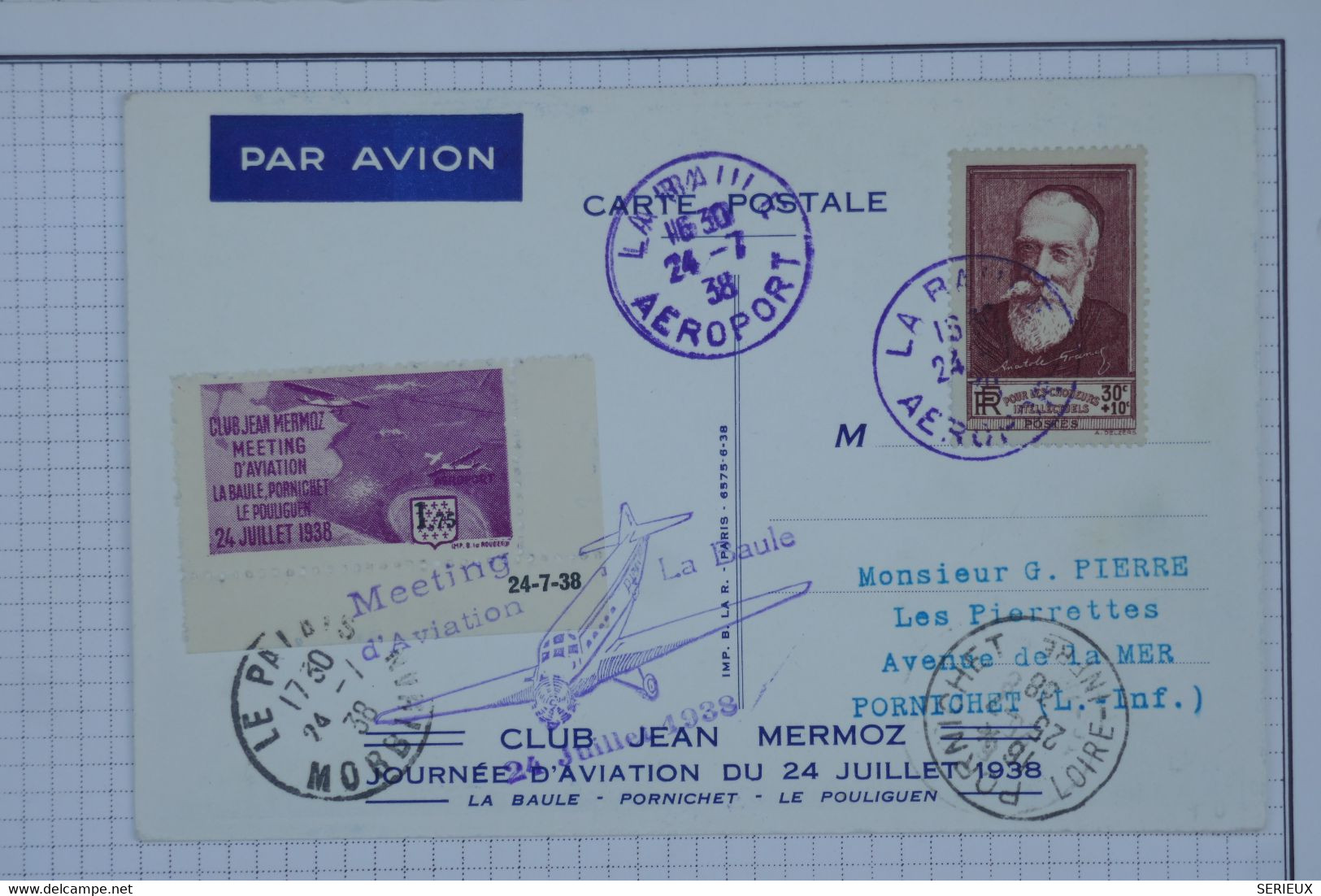 BB14 FRANCE  BELLE CARTE  1938 MEETING LA BAULE  A PORNICHET++VIGNETTE COIN DATé+JEAN MERMOZ++AFFRANCH. PLAISANT - 1927-1959 Lettres & Documents