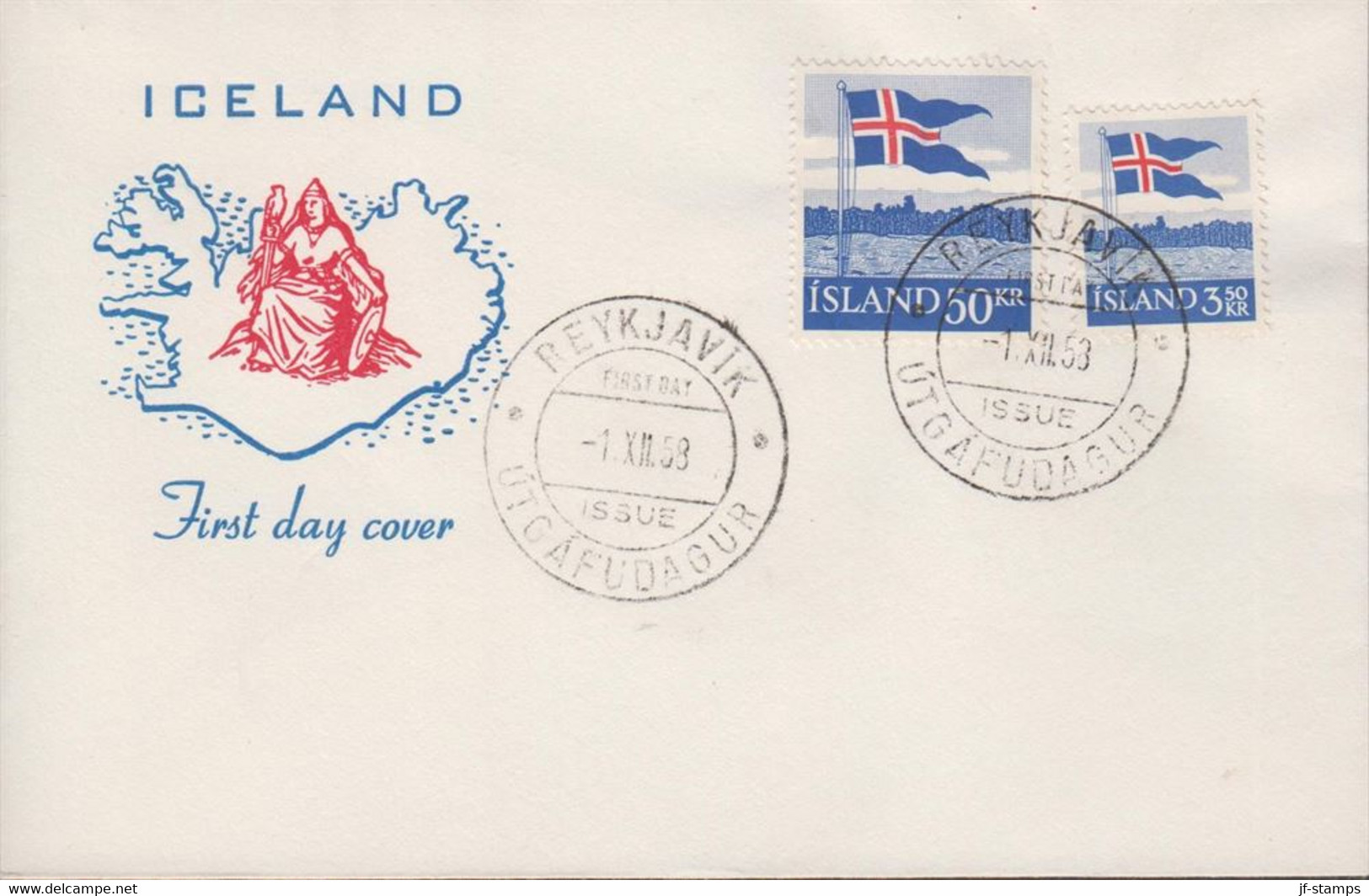 1958. ISLAND. FLAG. FDC REYKJAVIK -1. XII. 58.  (Michel 327-328) - JF432143 - Storia Postale