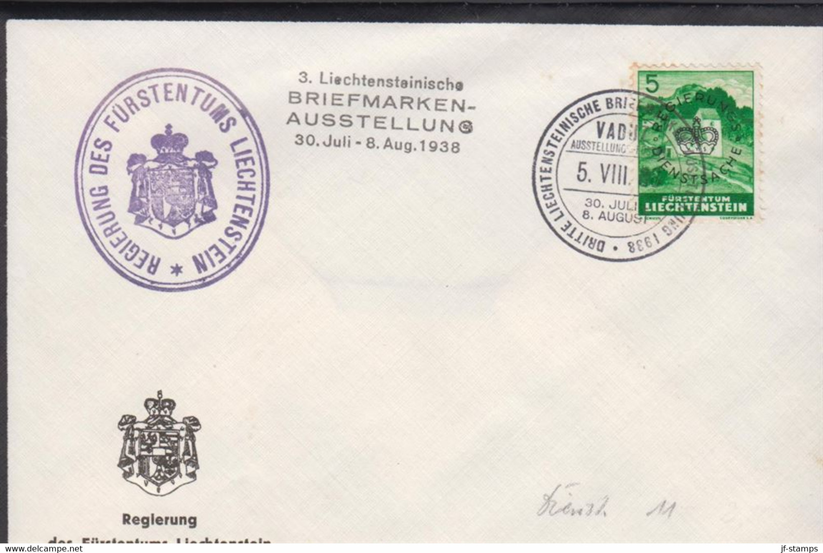 1938. LIECHTENSTEIN. 5 Rp Officials With Overprint REGIERUNGS DIENSTSACHE On Cover With... (Michel Dienst 11) - JF432292 - Service