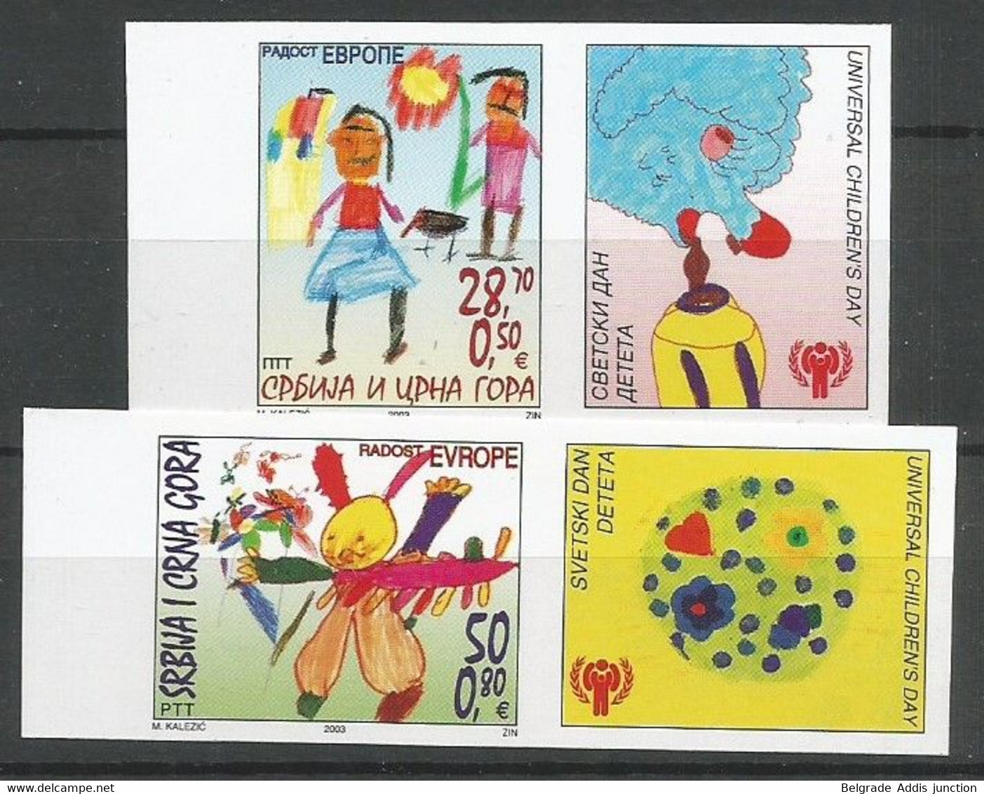 Yugoslavia ERROR Mi.3150/51 Complete Set IMPERFORATED With LABELS ** / MNH 2003 Europa Hang-on Issues Children Painting - Imperforates, Proofs & Errors