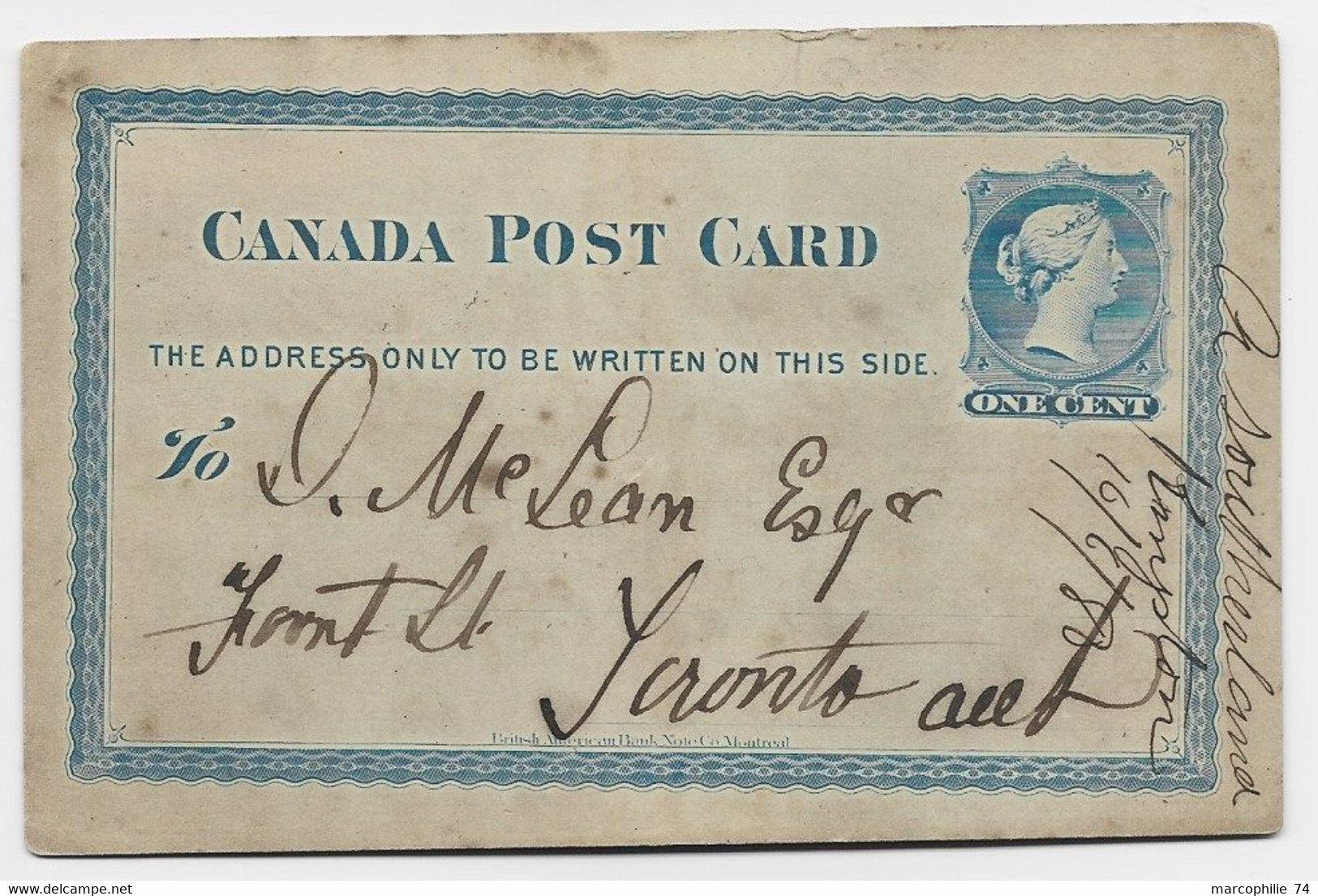 CANADA ONE CENT POST CARD MANUSCRIT KINGTON 16.6.1880 TO TORONTO - 1860-1899 Reign Of Victoria