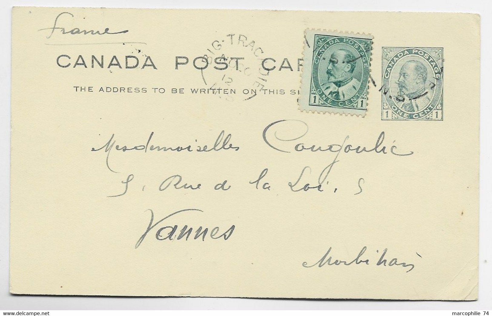 CANADA ENTIER ONE CENT POST CARD + 1C BIG TRACADIE NO 20 1912 TO FRANCE - 1903-1954 Rois