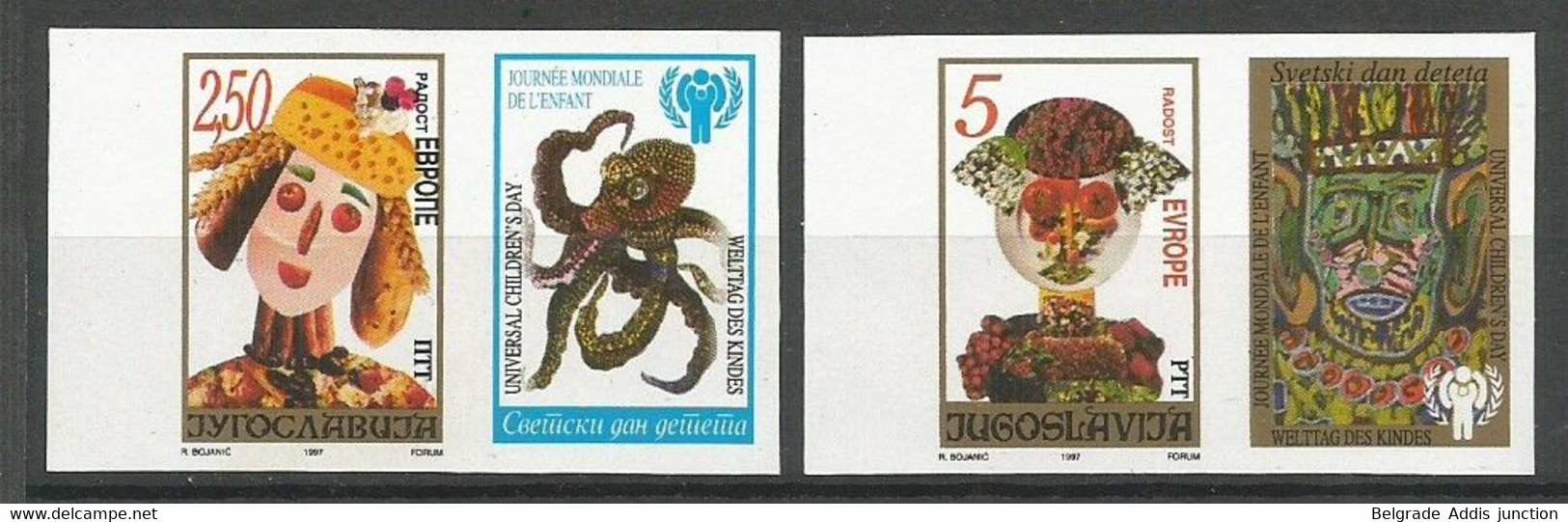 Yugoslavia ERROR Mi.2834/35 Complete Set IMPERFORATED With LABELS ** / MNH 1997 Europa Hang-on Issues Children Painting - Imperforates, Proofs & Errors
