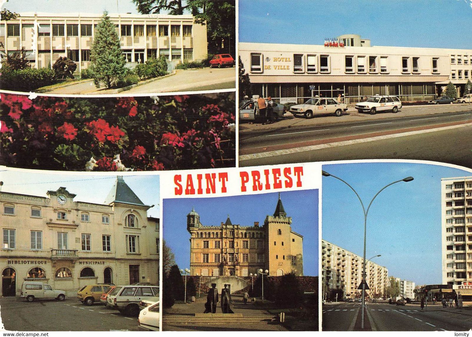 69 Saint Priest Vues Bibliotheque Municipale Hotel De Ville CPM Taxi Taxis Voiture Auto Peugeot 305 Golf Renault 4L - Saint Priest