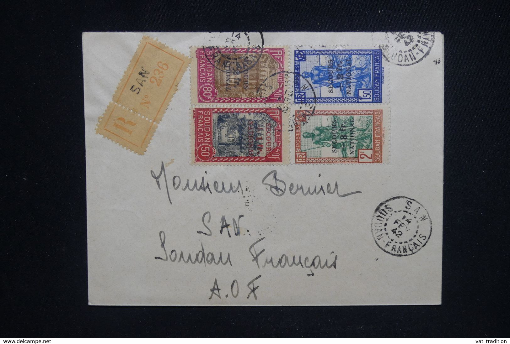 SOUDAN - Affranchissement Série Surchargés "Secours National "sur Enveloppe En Recommandé De San En 1942 - L 129312 - Storia Postale