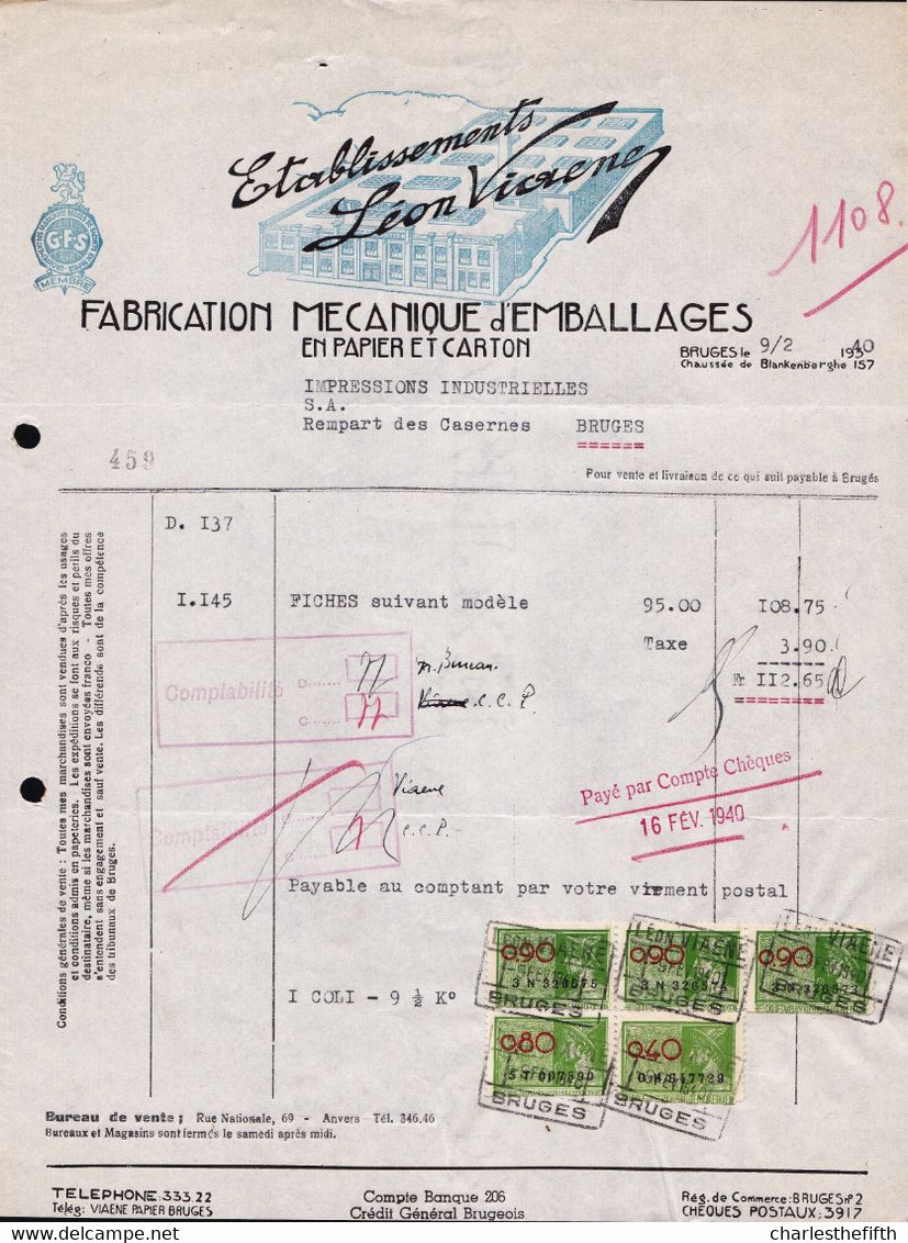 FACTURE DE 1940 BRUGES * LEON VIAENE - FABRICATION D'EMBALLAGES EN PAPIER ET CARTON * * - 1900 – 1949