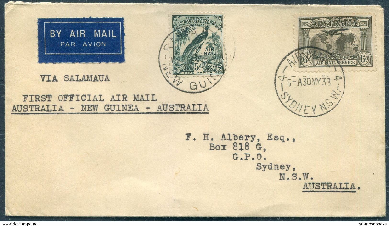 1938 (May 30th) Australia - New Guinea - Australia First Flight Cover. Sydney Rabaul Via Salamua Air Mail - Erst- U. Sonderflugbriefe