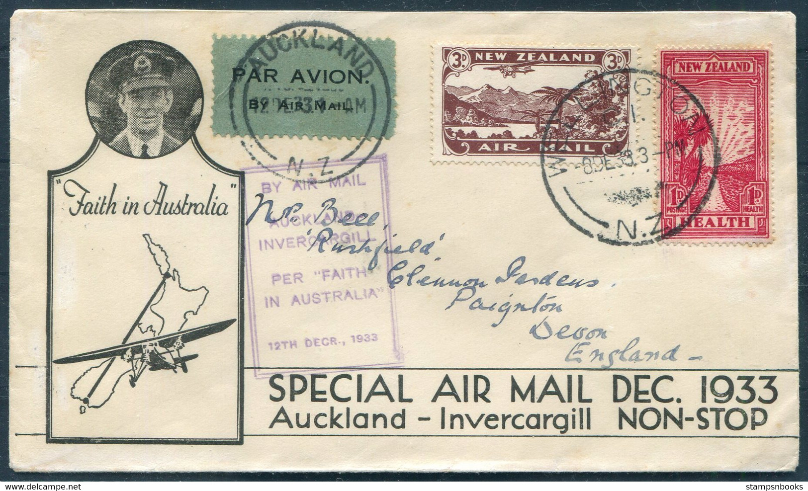 1933 New Zealand "Faith In Australia" (Wellington) Auckland - Invercargill Flight Cover - Luchtpost