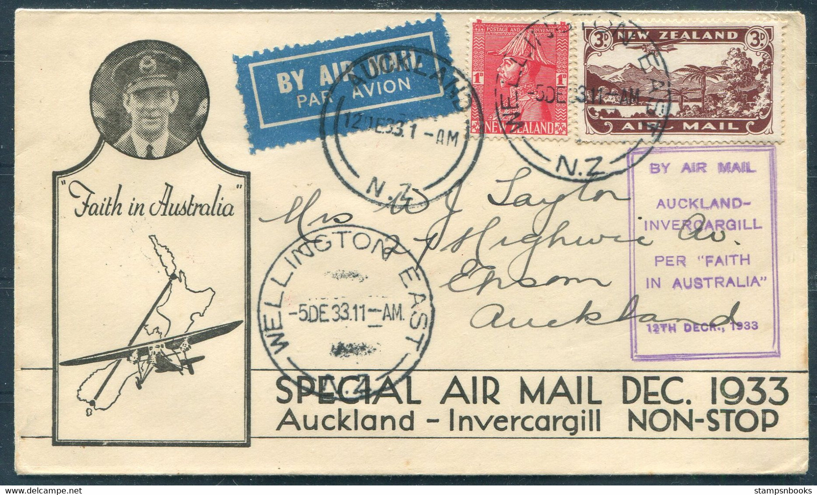 1933 New Zealand "Faith In Australia" (Wellington) Auckland - Invercargill Airmail Flight Cover - Posta Aerea