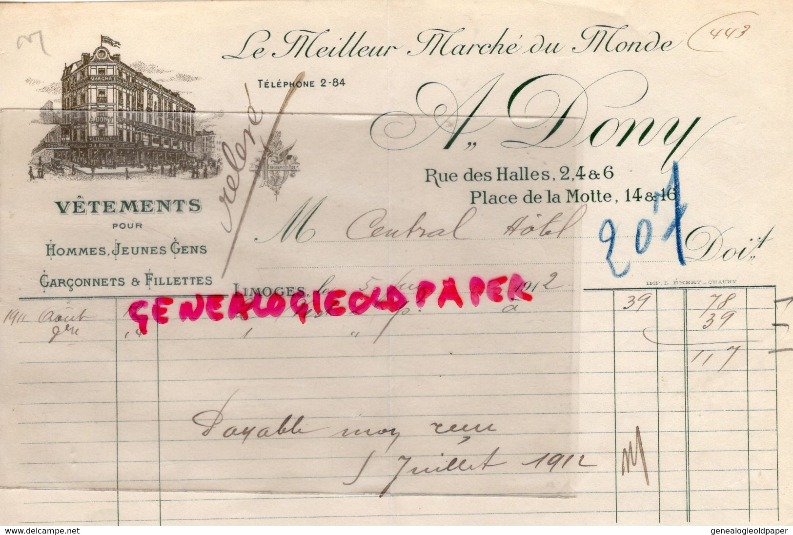 87- LIMOGES- RARE FACTURE VETEMENTS  A. DONY -2 RUE DES HALLES-PLACE MOTTE  1912- CENTRAL HOTEL - Textile & Clothing