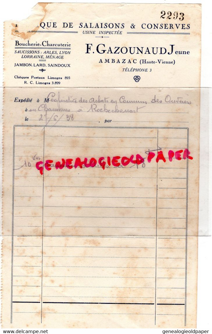 87- AMBAZAC - RARE FACTURE F. GAZOUNAUD JEUNE- FABRIQUE SALAISONS CONSERVES-BOUCHERIE CHARCUTERIE  1938- - Lebensmittel