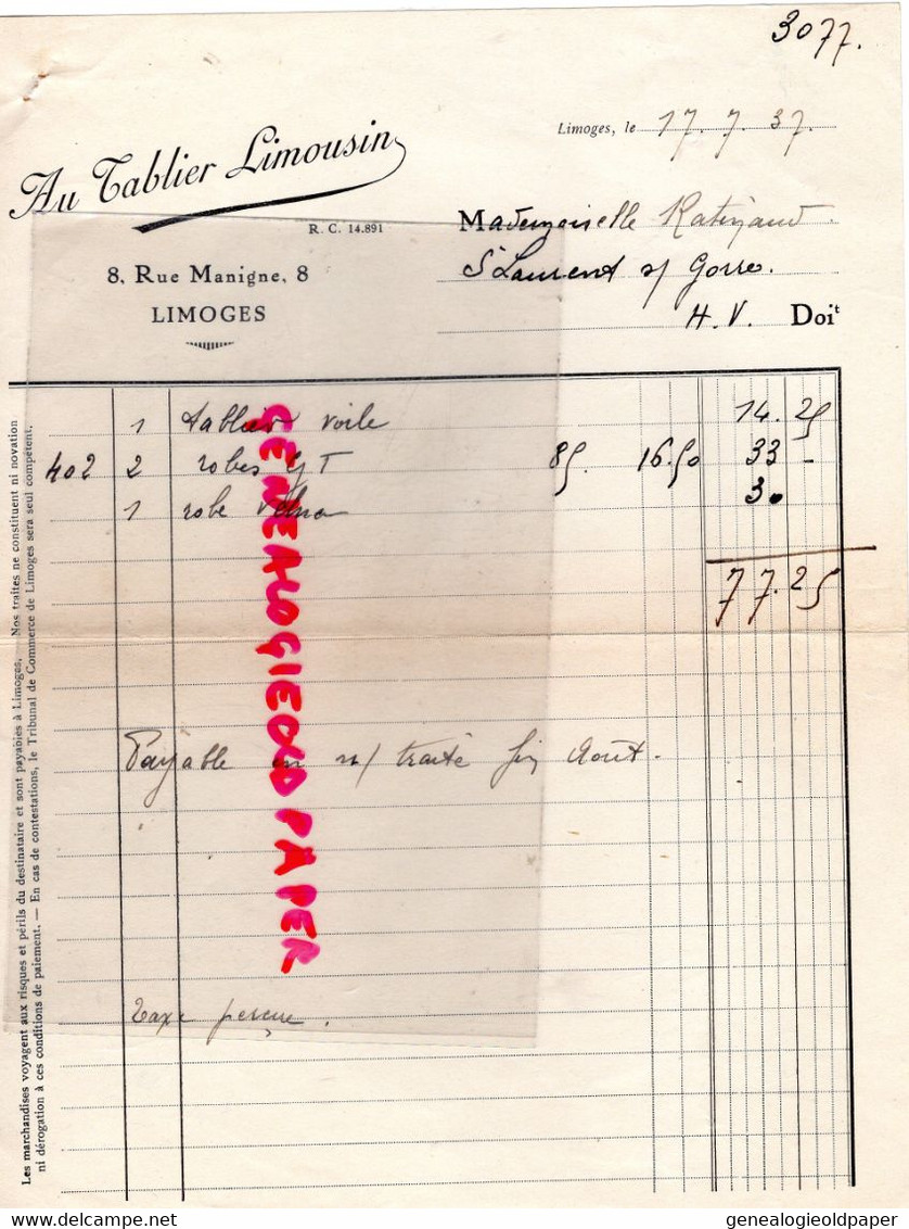 87- LIMOGES- FACTURE AU TABLIER LIMOUSIN- VETEMENTS TISSUS- 8 RUE MANIGNE -RATINAUD ST SAINT LAURENT SUR GORRE-1937 - Textile & Clothing