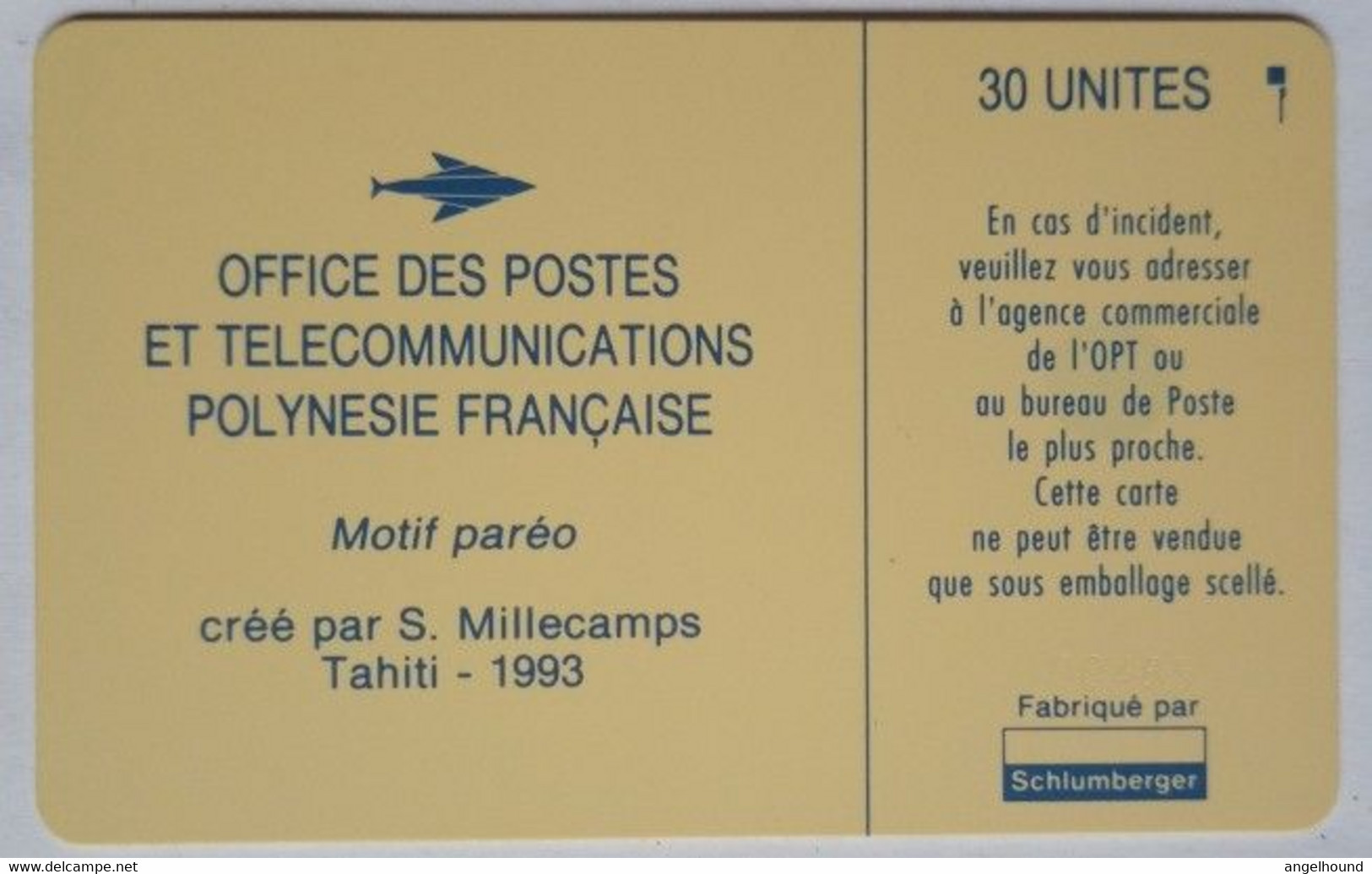 French Polynesia 30 Units " Motif  Pareo, S.Millecamps 1993 ( Blue ) " - Polynésie Française