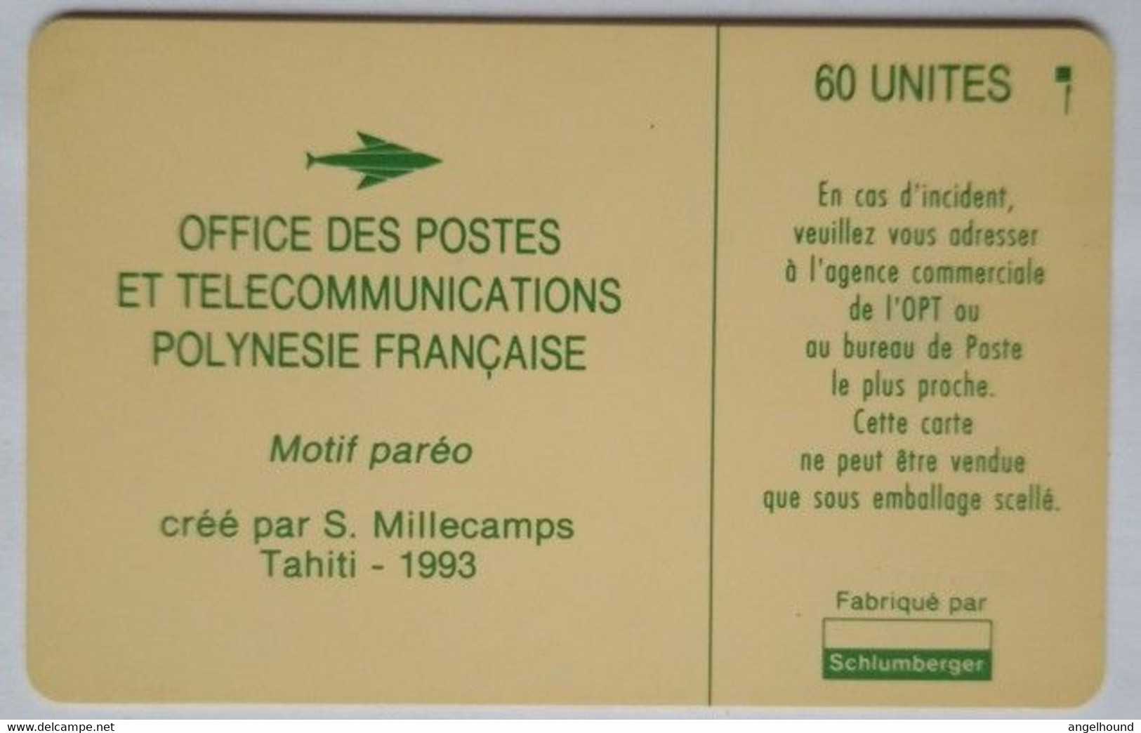 French Polynesia 60 Units " Motif Pareo , S. Millecamps 1993 ( Green ) - Polynésie Française