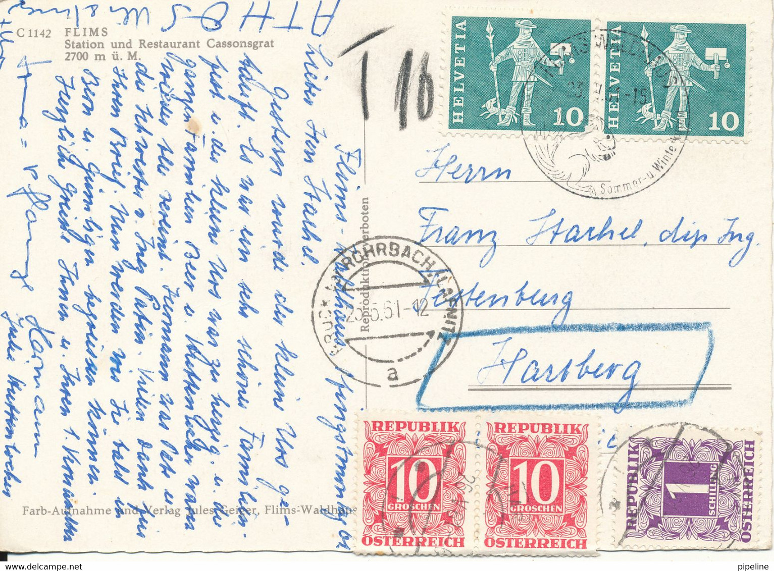 Switzerland Postcard Sent To Austria 23-5-1961 Underpaid And With Postal DUE T. And Austrian Stamps (FLIMS) - Sent