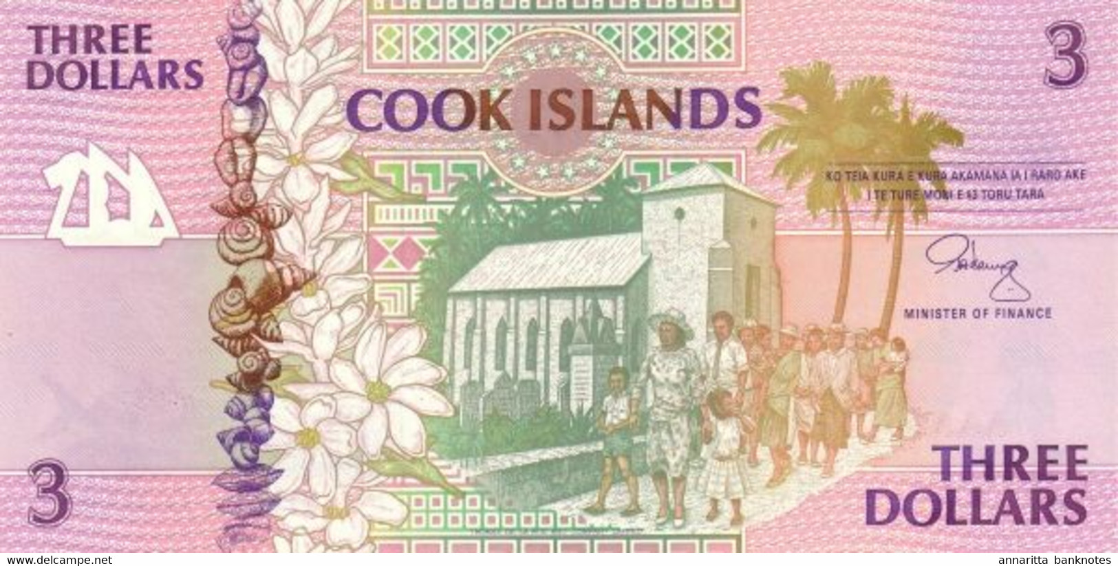 Cook Islands (CI) 3 Dollars ND (1992) UNC Cat No. P-7a / CK107a - Islas Cook