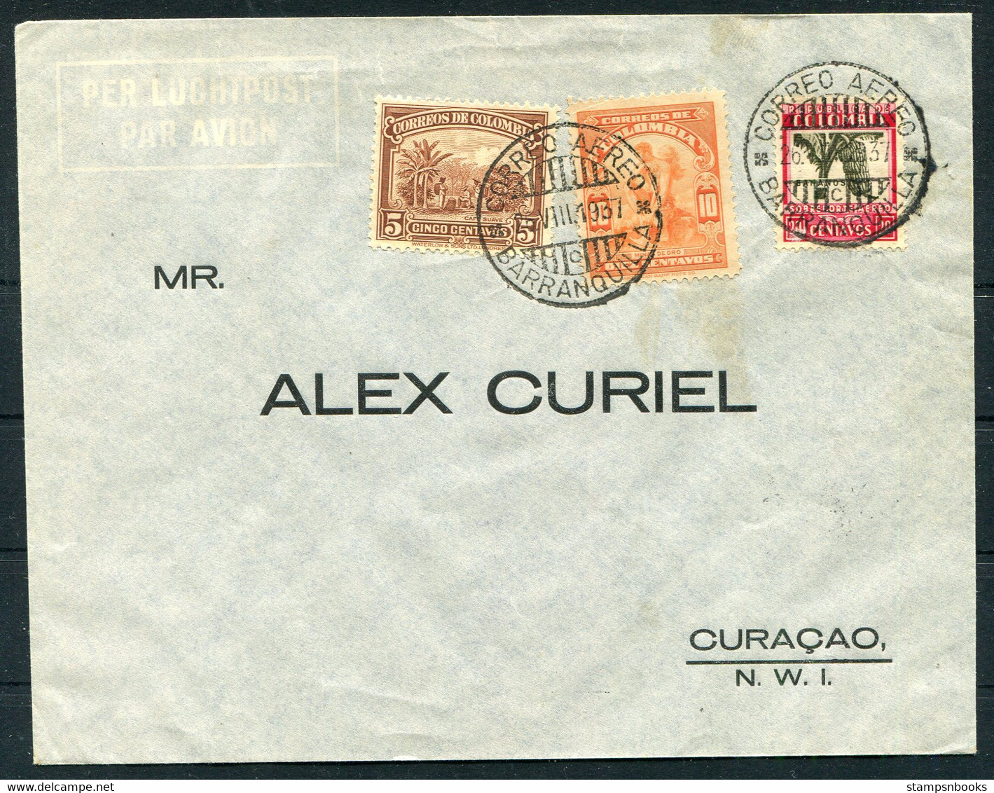 1937 Colombia Barranquilla Airmail Cover - Curacao - Colombia