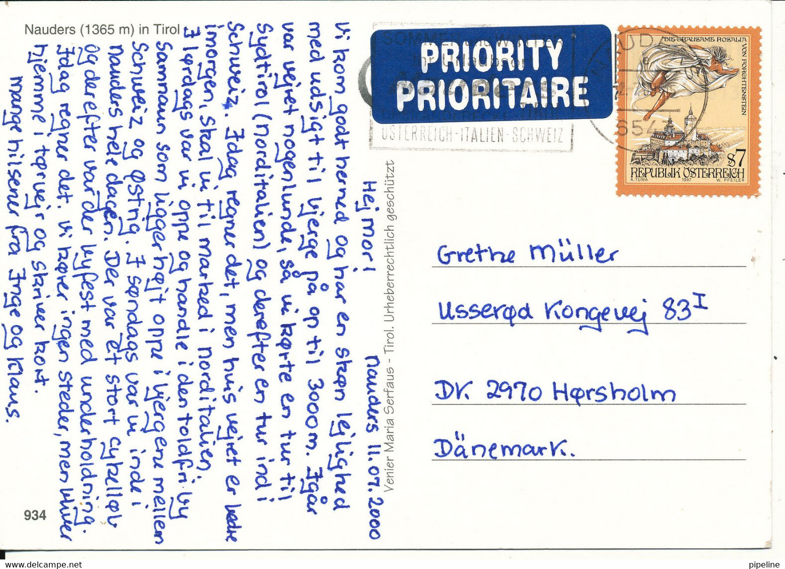 Austria Postcard Sent To Denmark 12-7-2000 Nauders Tirol - Nauders