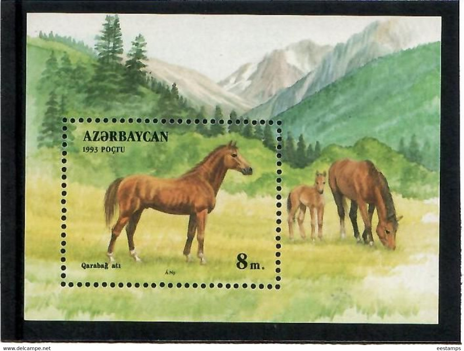 Azerbaijan 1993 . Horses ( Mountainns) . S/S: 8m. Michel # BL 1 - Azerbaïjan