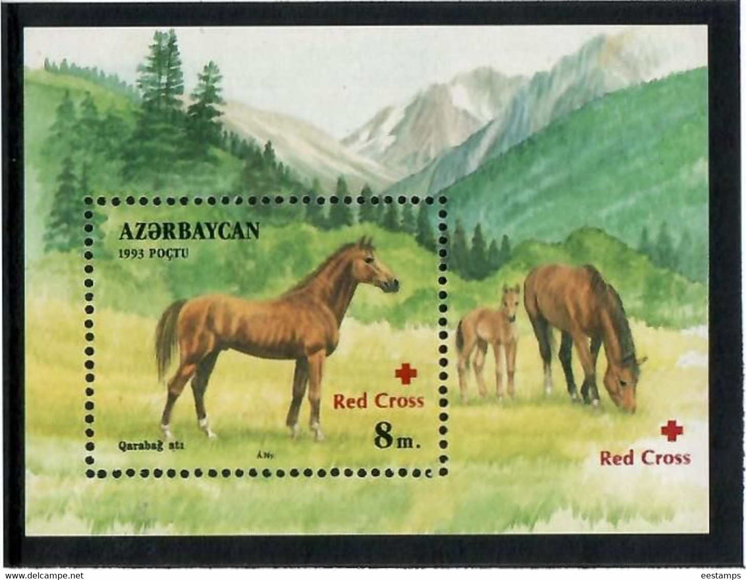 Azerbaijan 1997 . Ovpt Red Cross On Horses'93 ( Mountains) . S/S. Michel # BL 27 - Azerbaïdjan