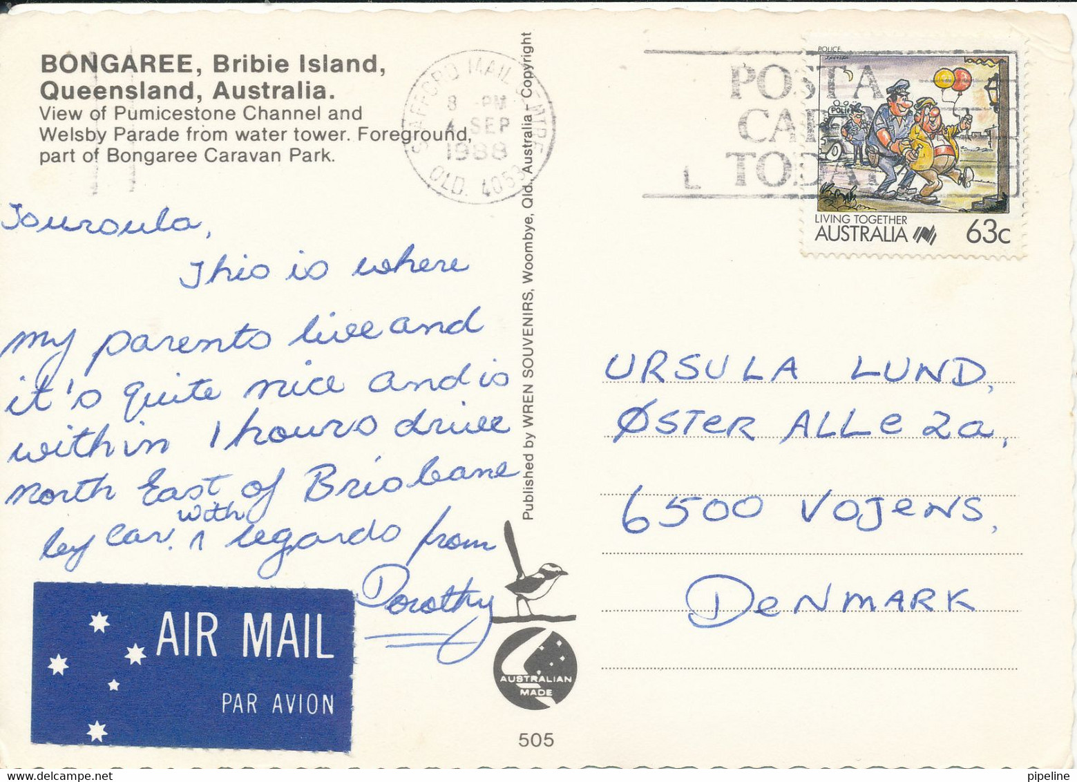 Australia Postcard Sent To Denmark 4-9-1988 Bongaree Bribie Island Queensland - Autres & Non Classés