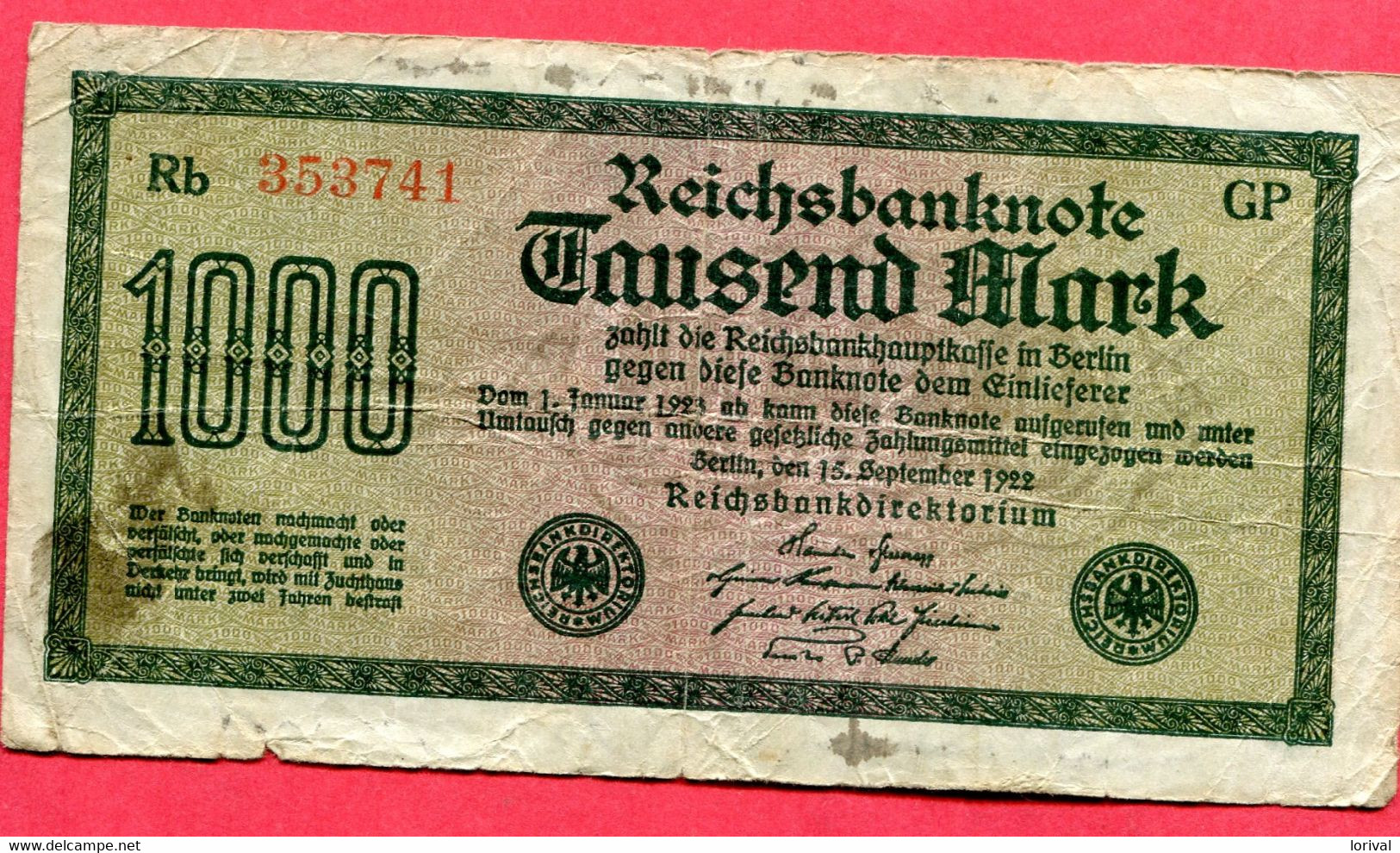 1000 Marks 1922 B 2 Euros - 1.000 Mark